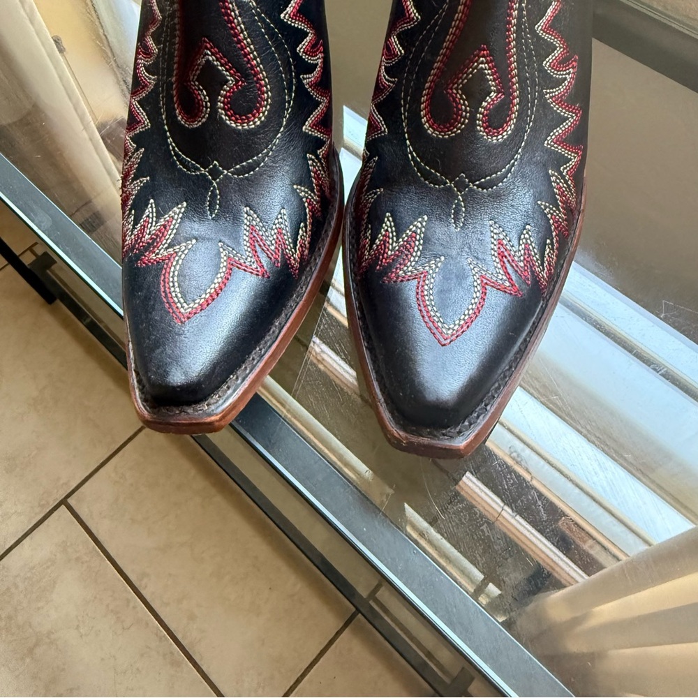 Ariat Black Ankle Booties with Red and Brown Western Stitching - Picture 3 of 11